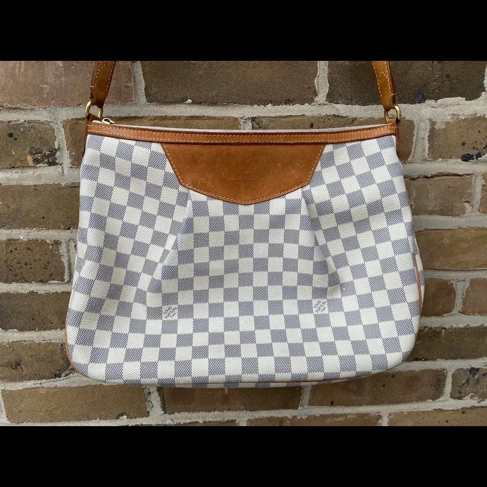 Louis Vuitton Damier Azur Checkered Shoulder Bag with Tan Trim